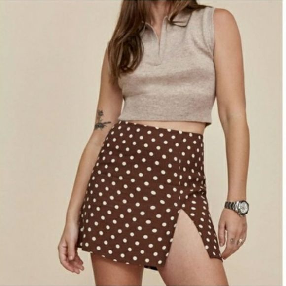 Reformation Margot Polka Dot Mini Skirt Brown Slit - Picture 1 of 5